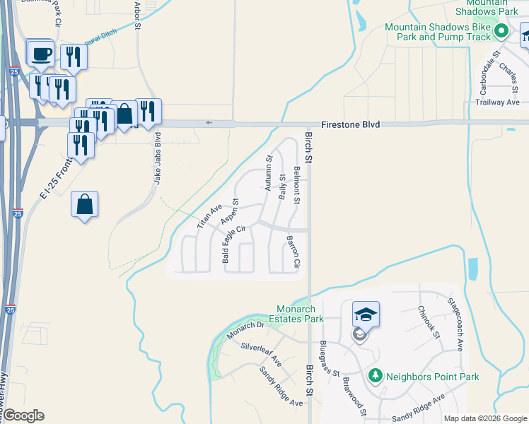 map of restaurants, bars, coffee shops, grocery stores, and more near 10726 Autumn Street in Longmont