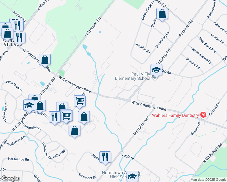 map of restaurants, bars, coffee shops, grocery stores, and more near 2609 Equestrian Way in East Norriton