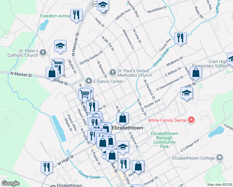 map of restaurants, bars, coffee shops, grocery stores, and more near 201 North Spruce Street in Elizabethtown