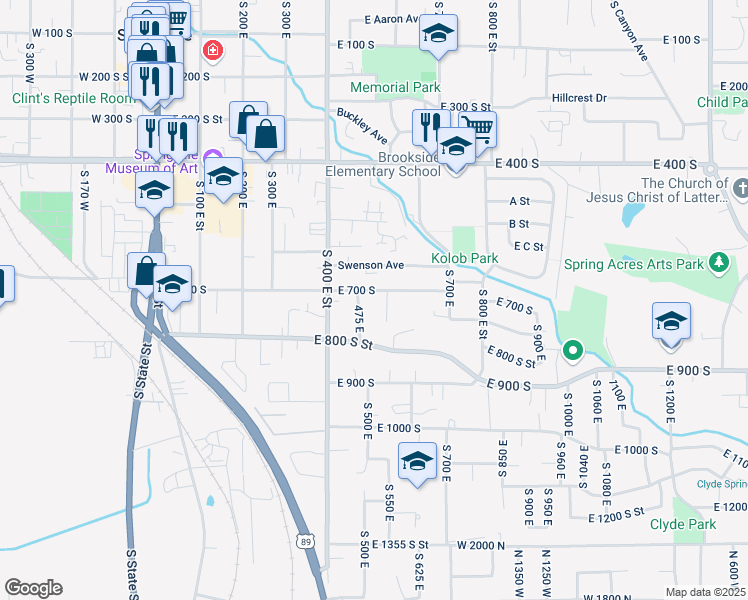 map of restaurants, bars, coffee shops, grocery stores, and more near 510 East 700 South in Springville