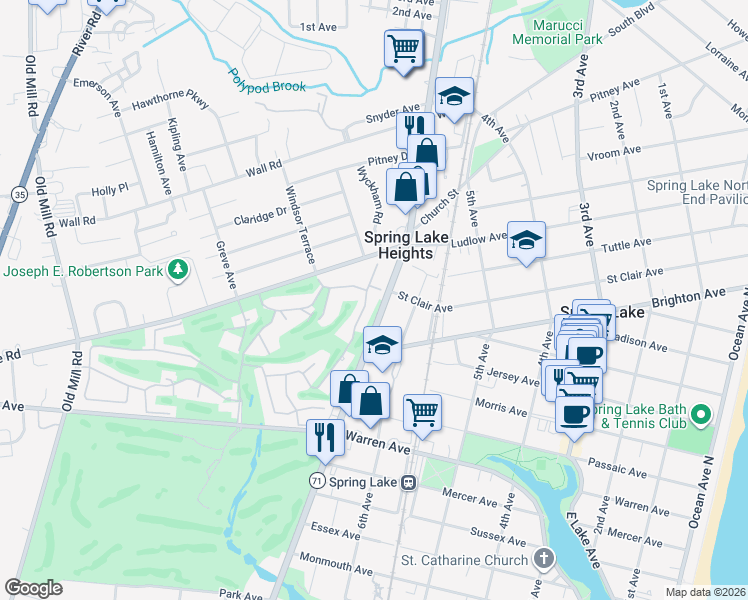 map of restaurants, bars, coffee shops, grocery stores, and more near 98 Walnut Drive in Spring Lake