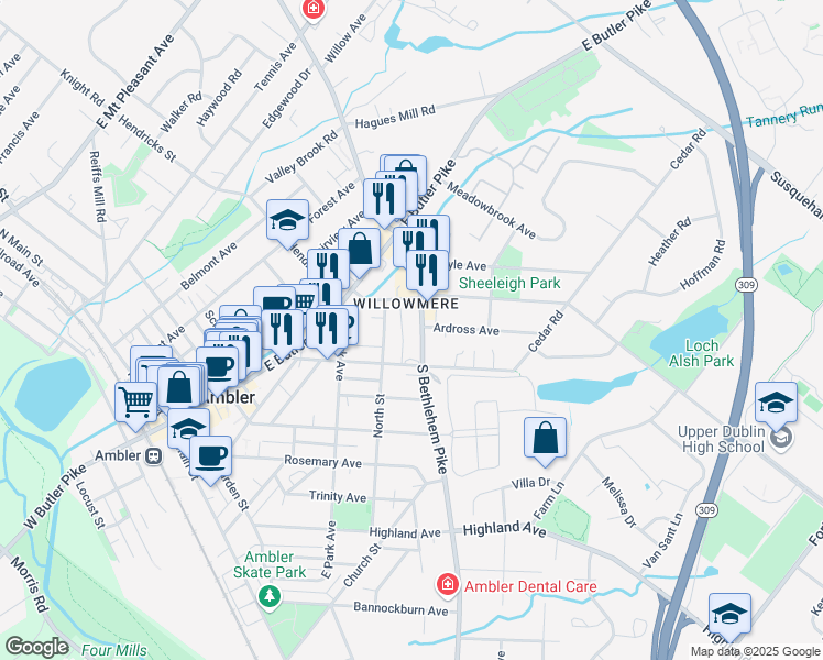 map of restaurants, bars, coffee shops, grocery stores, and more near 76 South Bethlehem Pike in Ambler