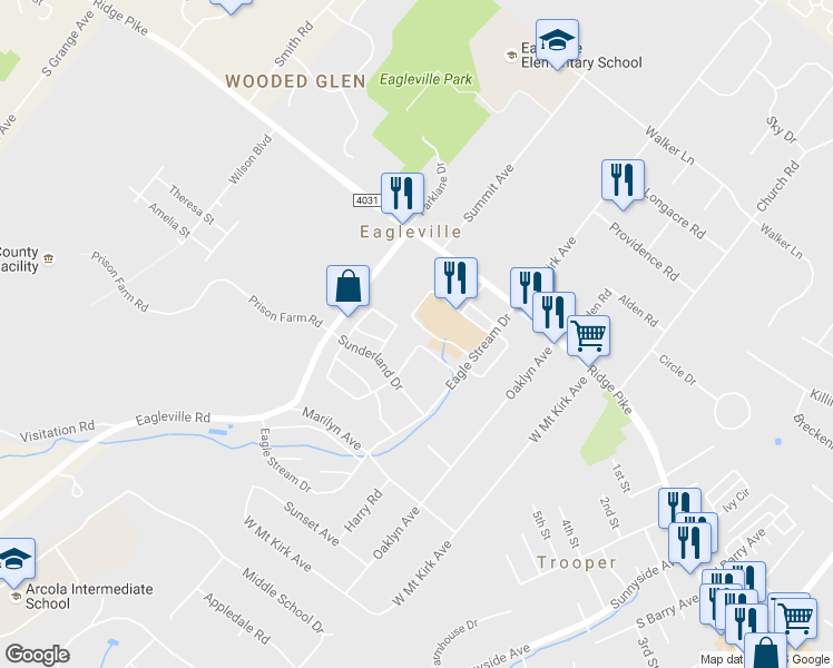map of restaurants, bars, coffee shops, grocery stores, and more near 5001 Defford Place in Eagleville
