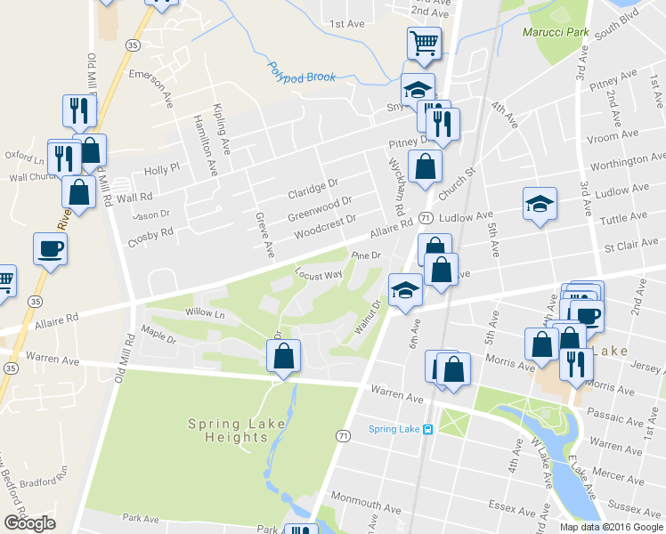 map of restaurants, bars, coffee shops, grocery stores, and more near 37 Locust Way in Spring Lake