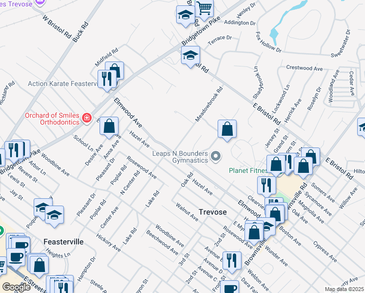 map of restaurants, bars, coffee shops, grocery stores, and more near 1807 Meadowbrook Road in Feasterville-Trevose