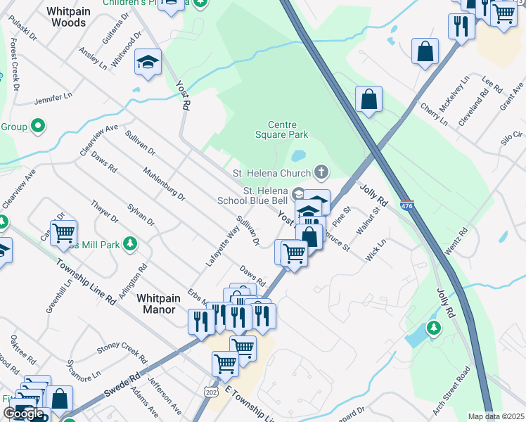 map of restaurants, bars, coffee shops, grocery stores, and more near 1498 Yost Road in Blue Bell