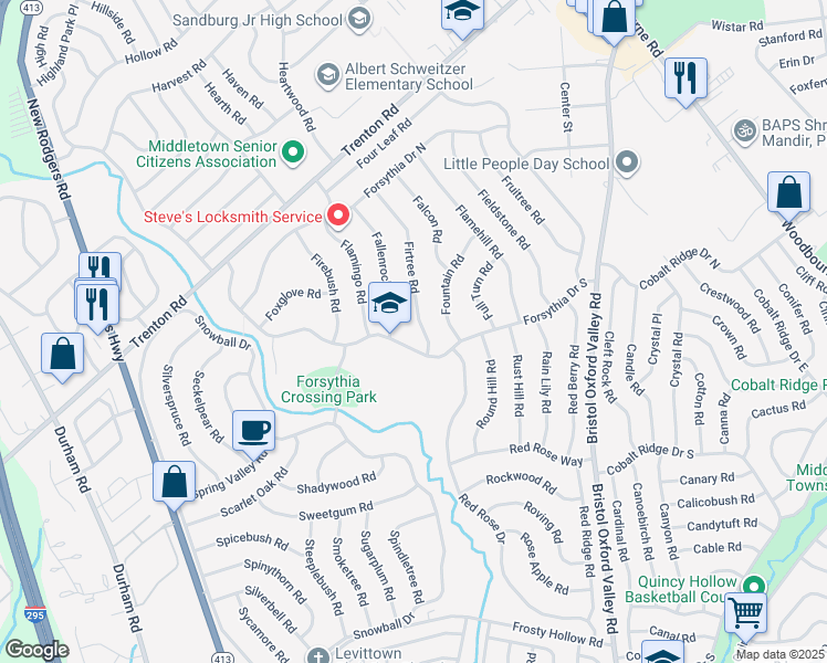 map of restaurants, bars, coffee shops, grocery stores, and more near 11 Firtree Road in Levittown