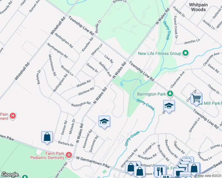 map of restaurants, bars, coffee shops, grocery stores, and more near 110 Stony Way in East Norriton