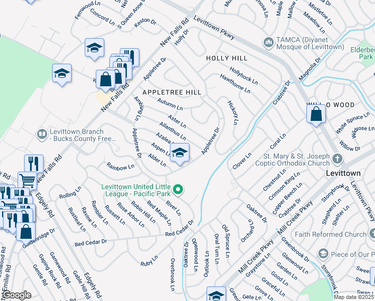map of restaurants, bars, coffee shops, grocery stores, and more near 18 Azalea Lane in Levittown