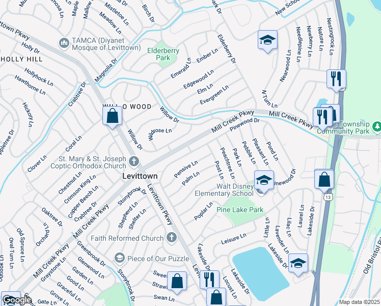 map of restaurants, bars, coffee shops, grocery stores, and more near 128 Pinewood Drive in Levittown