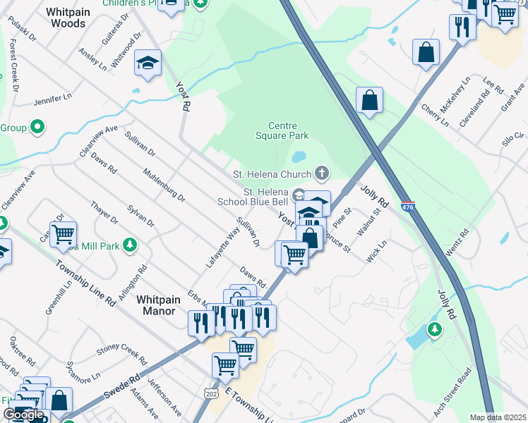 map of restaurants, bars, coffee shops, grocery stores, and more near 1498 Yost Road in Blue Bell
