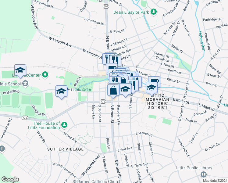 map of restaurants, bars, coffee shops, grocery stores, and more near 15 South Broad Street in Lititz