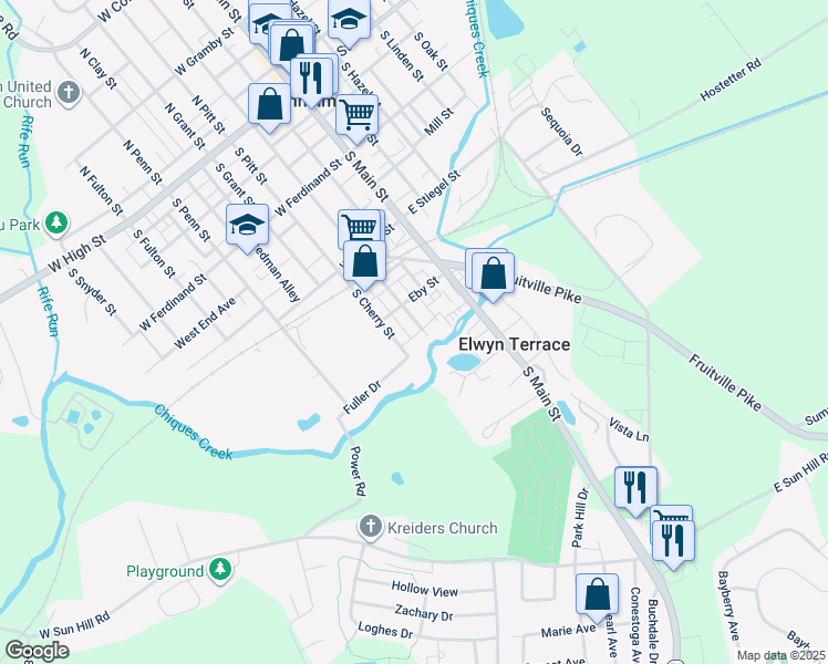 map of restaurants, bars, coffee shops, grocery stores, and more near 334 South Charlotte Street in Manheim