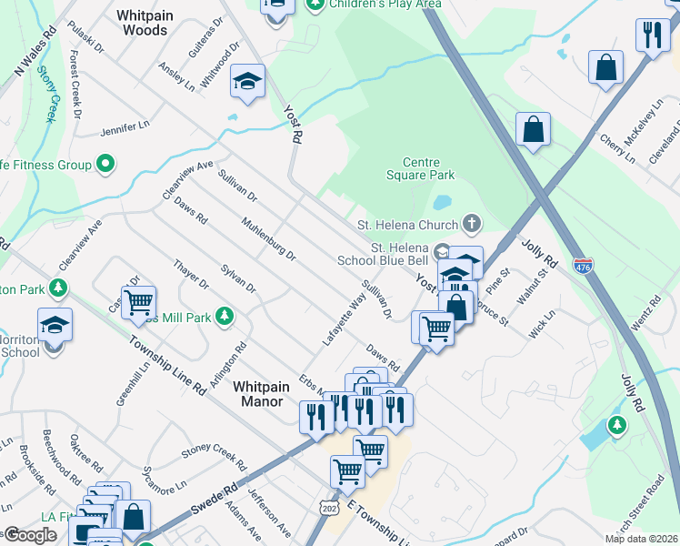 map of restaurants, bars, coffee shops, grocery stores, and more near 1526 Sullivan Drive in Blue Bell