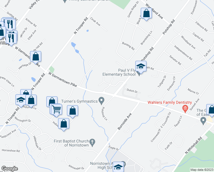 map of restaurants, bars, coffee shops, grocery stores, and more near 2608 Bridle Path Road in East Norriton
