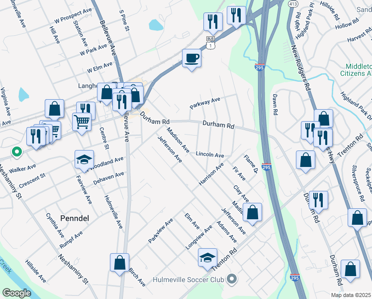 map of restaurants, bars, coffee shops, grocery stores, and more near 458 Madison Avenue in Langhorne