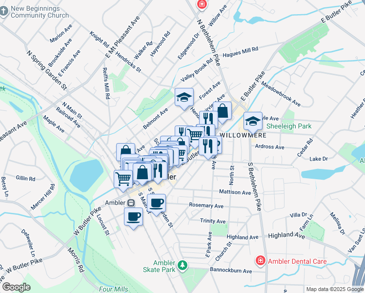 map of restaurants, bars, coffee shops, grocery stores, and more near 201 Race Street in Ambler