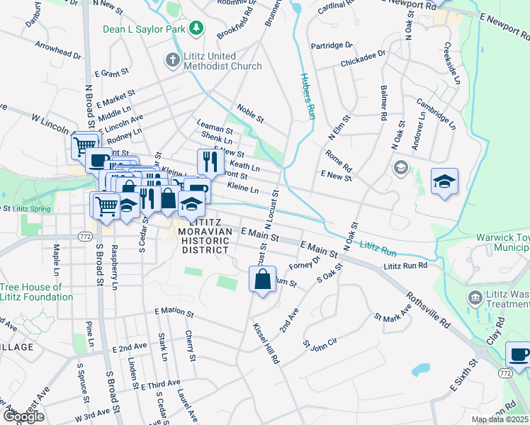 map of restaurants, bars, coffee shops, grocery stores, and more near 22 North Locust Street in Lititz