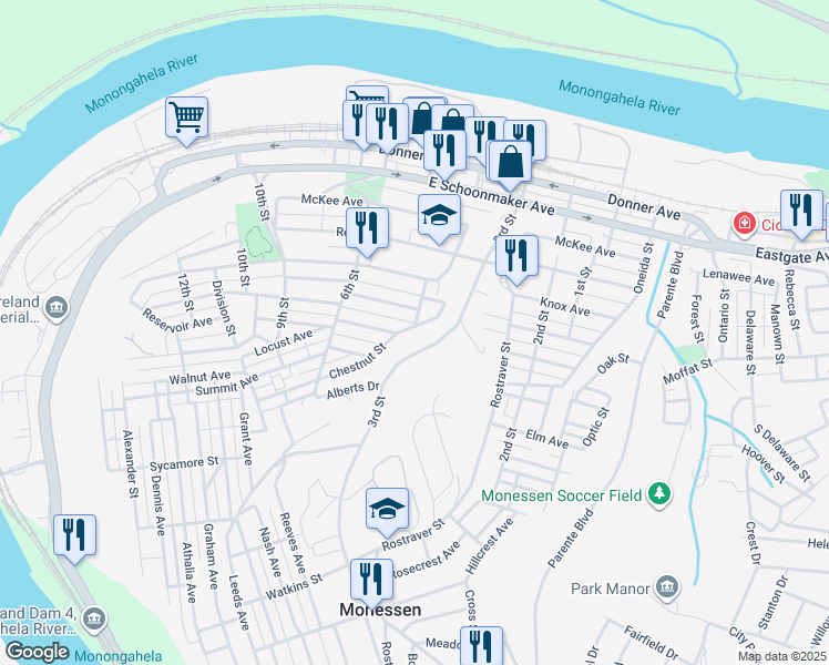 map of restaurants, bars, coffee shops, grocery stores, and more near 412 Chestnut Street in Monessen