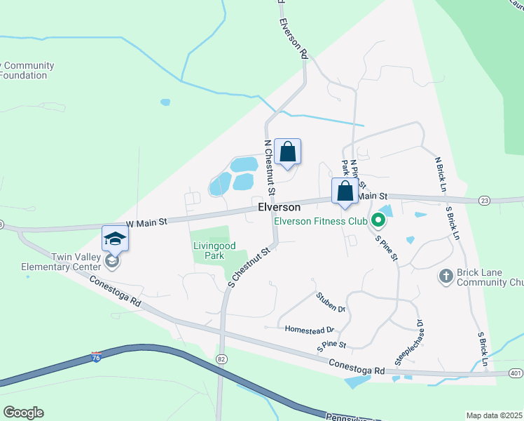 map of restaurants, bars, coffee shops, grocery stores, and more near 19 West Main Street in Elverson
