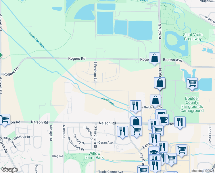 map of restaurants, bars, coffee shops, grocery stores, and more near Dry Creek Dr in Longmont