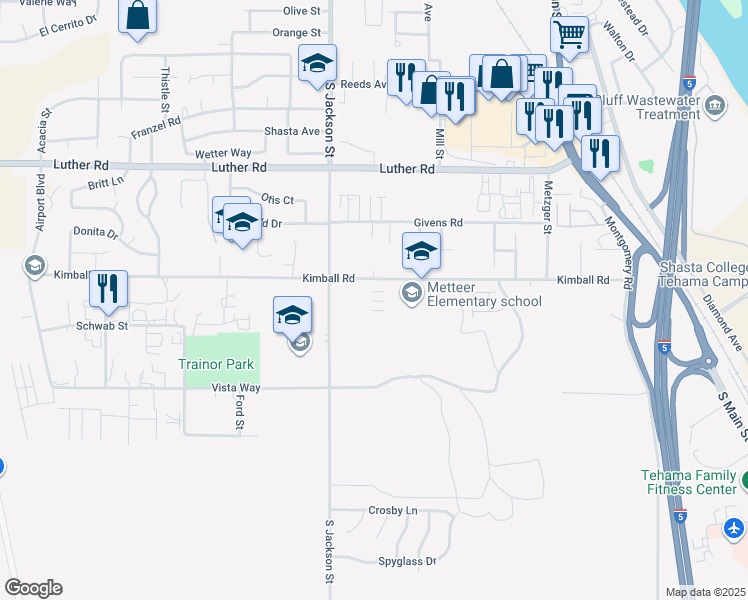 map of restaurants, bars, coffee shops, grocery stores, and more near 705 Kimball Road in Red Bluff