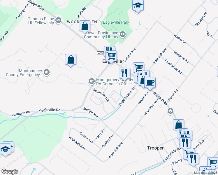 map of restaurants, bars, coffee shops, grocery stores, and more near 5001 Defford Place in Eagleville