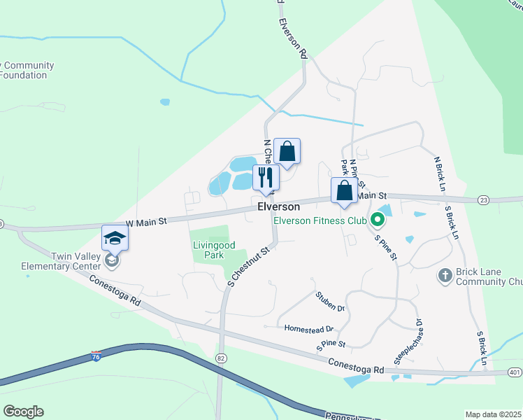 map of restaurants, bars, coffee shops, grocery stores, and more near 19 West Main Street in Elverson