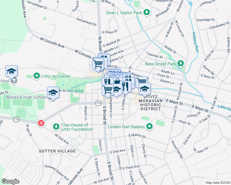 map of restaurants, bars, coffee shops, grocery stores, and more near 74 East Main Street in Lititz