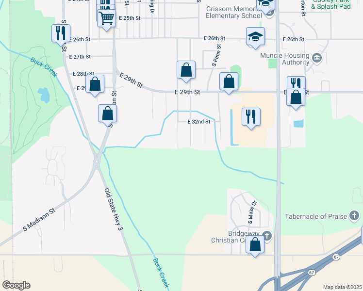 map of restaurants, bars, coffee shops, grocery stores, and more near 4012 S Ebright St in Muncie