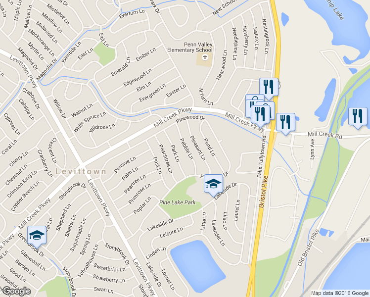 map of restaurants, bars, coffee shops, grocery stores, and more near 33 Pebble Lane in Levittown