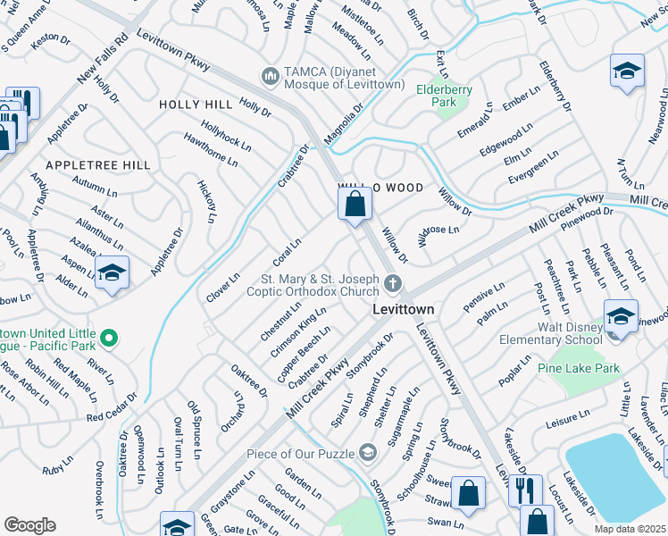 map of restaurants, bars, coffee shops, grocery stores, and more near 38 Cranberry Lane in Levittown