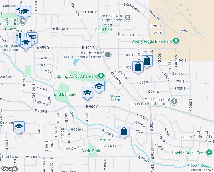 map of restaurants, bars, coffee shops, grocery stores, and more near 645 South Red Devil Drive in Springville