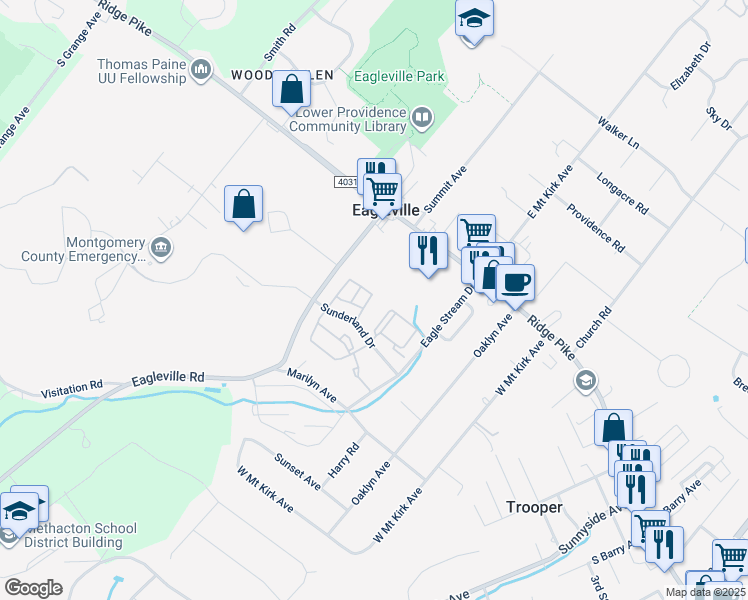 map of restaurants, bars, coffee shops, grocery stores, and more near 4055 Cardin Place in Eagleville