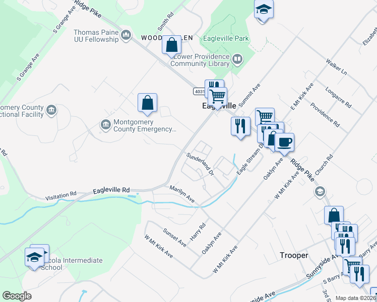 map of restaurants, bars, coffee shops, grocery stores, and more near 3001 Cardin Place in Eagleville