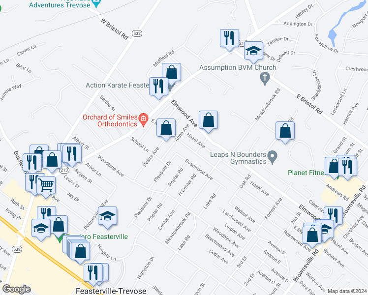 map of restaurants, bars, coffee shops, grocery stores, and more near 135 East Myrtle Avenue in Feasterville-Trevose