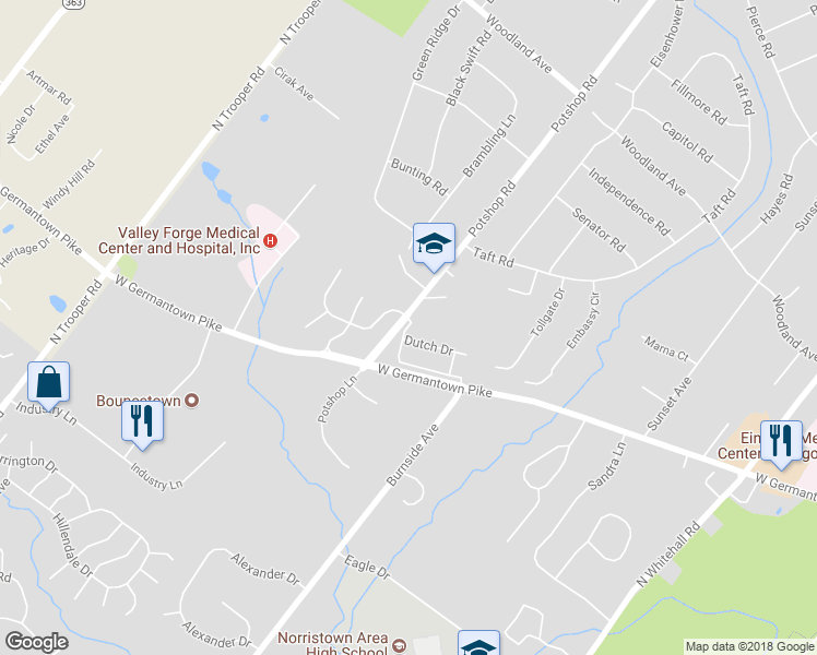 map of restaurants, bars, coffee shops, grocery stores, and more near 933 Caralea Drive in East Norriton