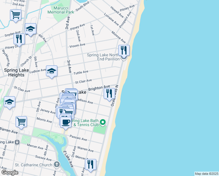map of restaurants, bars, coffee shops, grocery stores, and more near 11 Brighton Avenue in Spring Lake