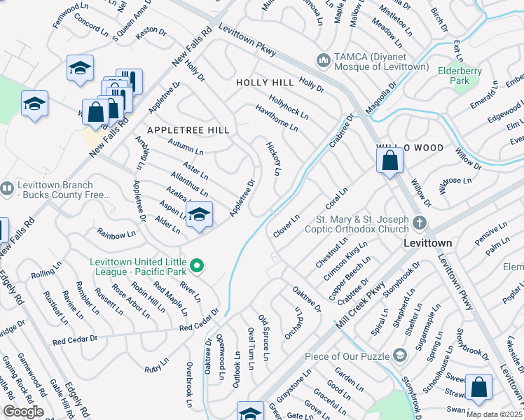 map of restaurants, bars, coffee shops, grocery stores, and more near 167 Holly Drive in Levittown