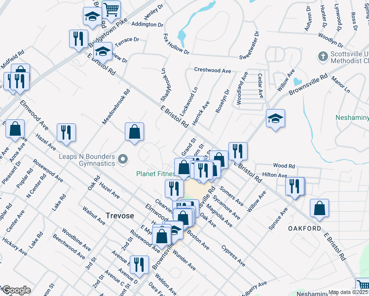 map of restaurants, bars, coffee shops, grocery stores, and more near 1933 Grand Street in Feasterville-Trevose