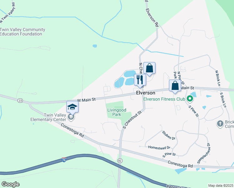 map of restaurants, bars, coffee shops, grocery stores, and more near 60 West Main Street in Elverson