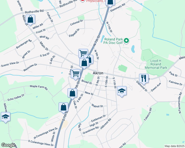 map of restaurants, bars, coffee shops, grocery stores, and more near 806r Main Street in Akron