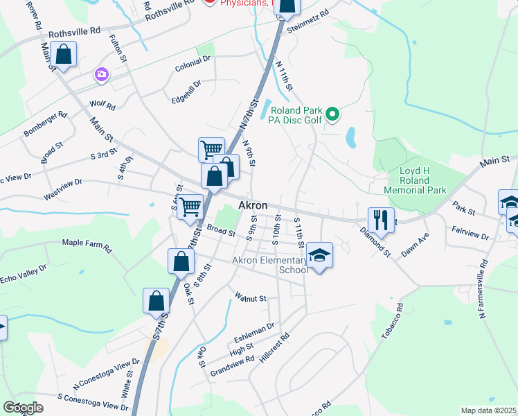 map of restaurants, bars, coffee shops, grocery stores, and more near 904 Main Street in Akron