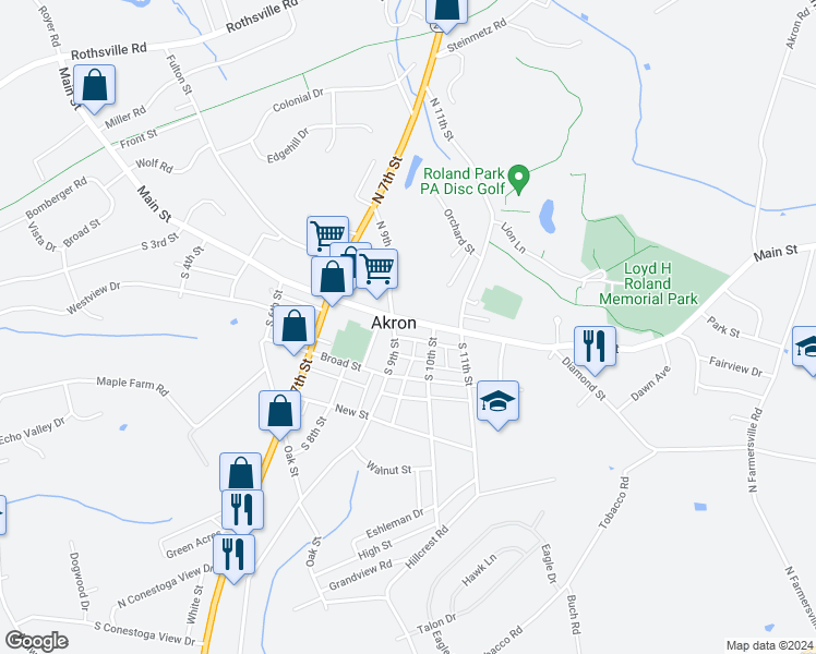 map of restaurants, bars, coffee shops, grocery stores, and more near 916 Main Street in Akron