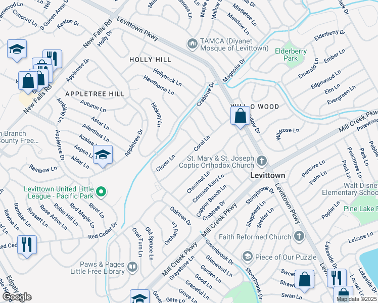 map of restaurants, bars, coffee shops, grocery stores, and more near 51 Coral Lane in Levittown