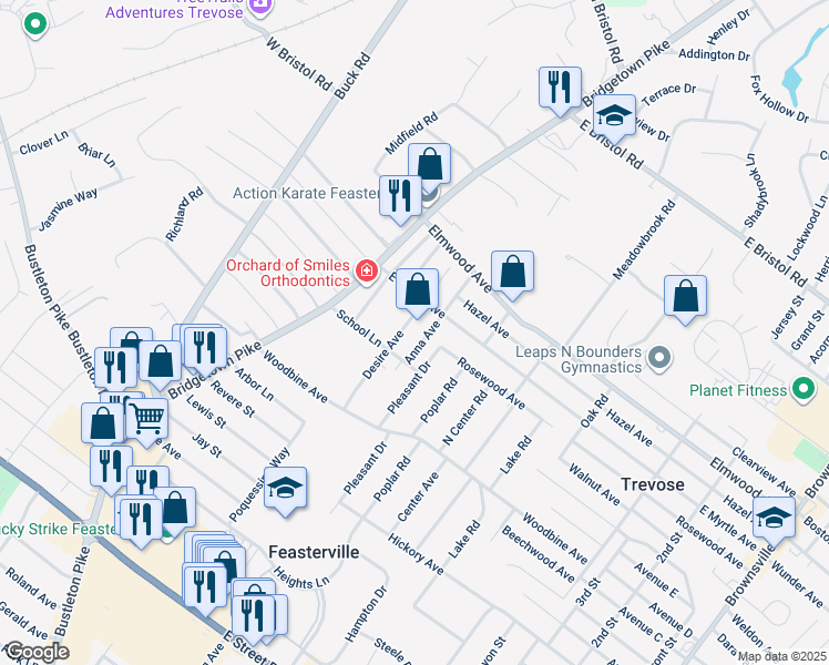 map of restaurants, bars, coffee shops, grocery stores, and more near 1631 Desire Avenue in Feasterville