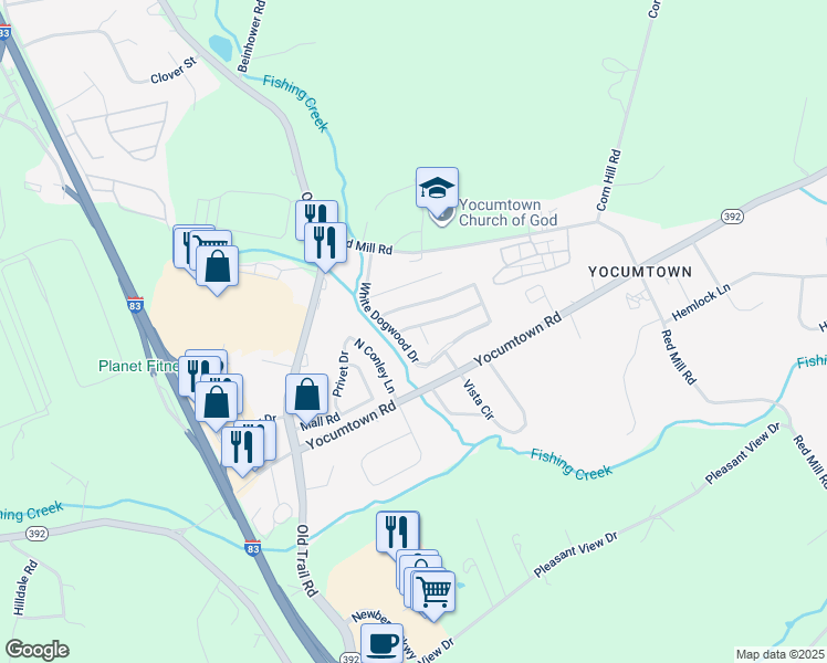 map of restaurants, bars, coffee shops, grocery stores, and more near 1 Russian Olive Drive in Goldsboro