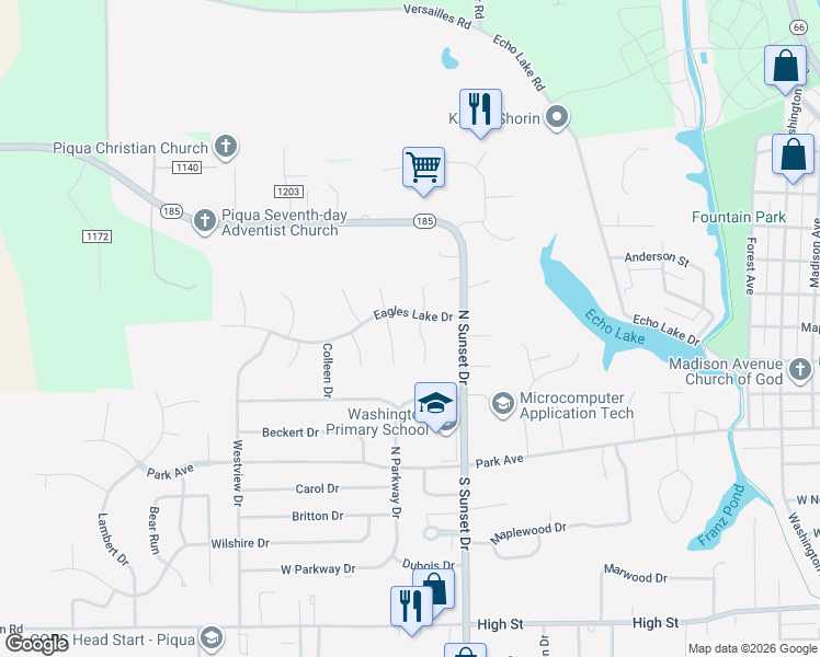 map of restaurants, bars, coffee shops, grocery stores, and more near 6 Kestrel Court in Piqua