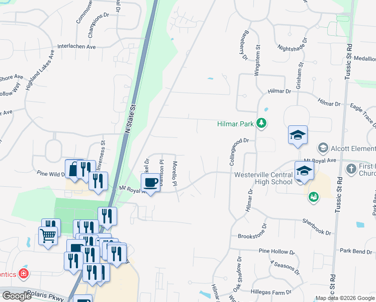map of restaurants, bars, coffee shops, grocery stores, and more near 6608 Seckel Court in Westerville