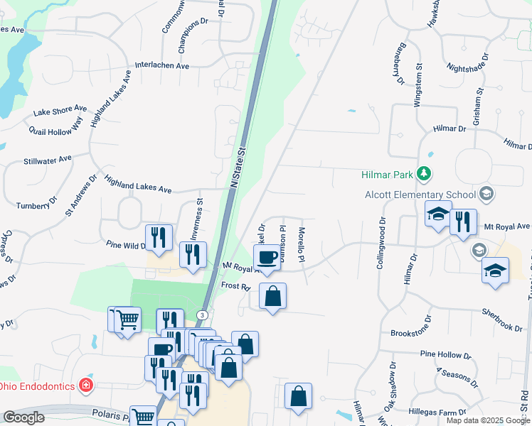 map of restaurants, bars, coffee shops, grocery stores, and more near 6704 Seckel Drive in Westerville